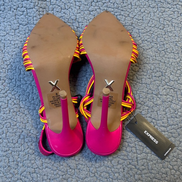 Express Woven Multi Strap Heeled Sandals Women’s Size 8 Pink And Yellow - Picture 7 of 10